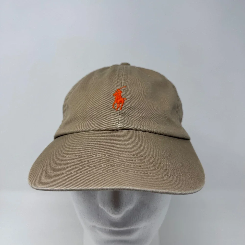Polo Ralph Lauren Mens Khaki Tan Orange Pony Logo Adjustable Baseball Cap Hat